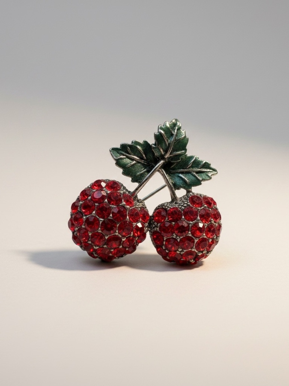 Vintage Style Red Rhinestone Cherry Brooch Pin Silver Tone Fruit Jewelry